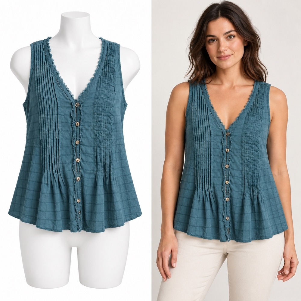 Maeve Tank Top Womens Medium Green Pintuck Button Front Gauze Sleeveless Blouse